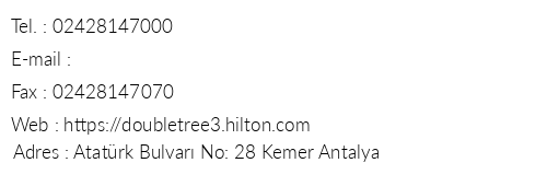 Doubletree By Hilton Antalya Kemer telefon numaralar, faks, e-mail, posta adresi ve iletiim bilgileri